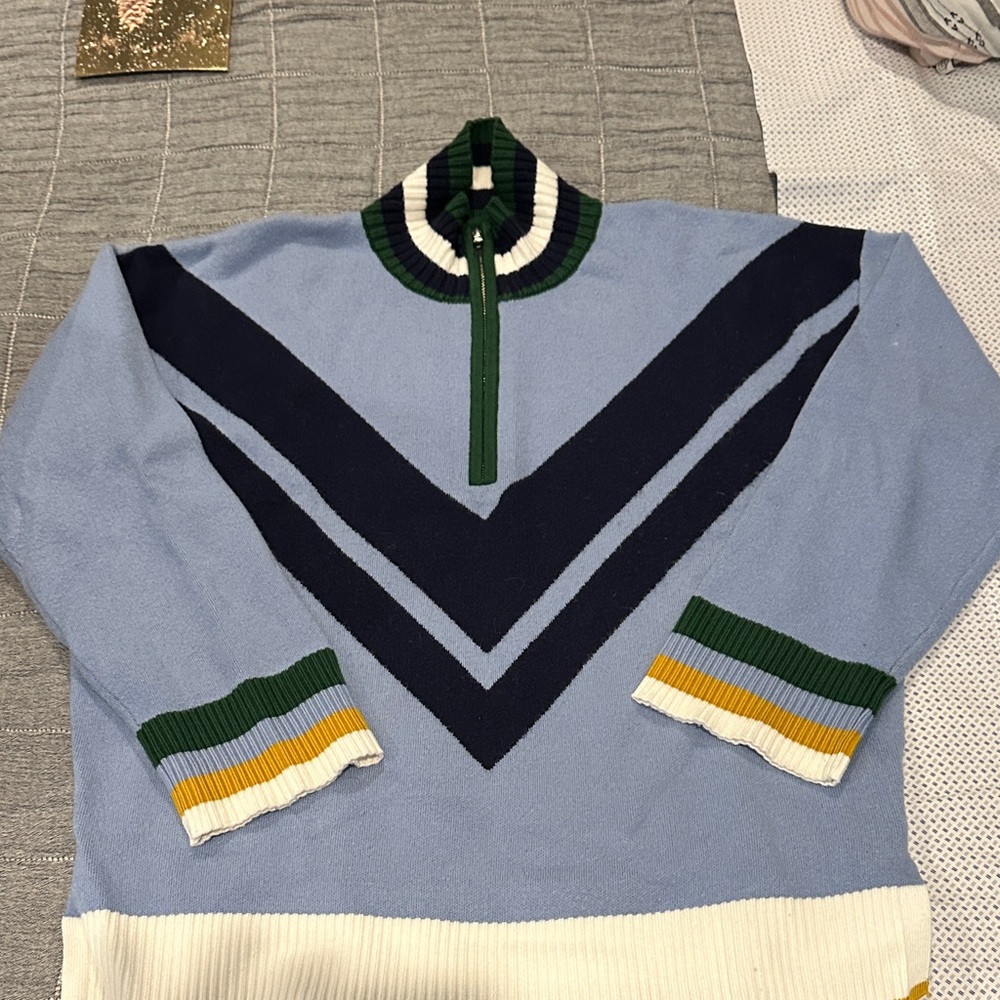 Maeve Light Blue Pullover with Navy Chevron and Green-Trim Collar
